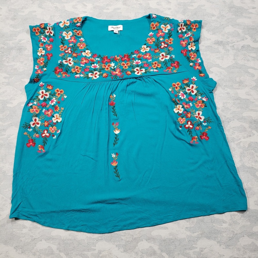 Angel Heart Top Blue Teal Embroidered Floral Short Sleeve Peasant Boho